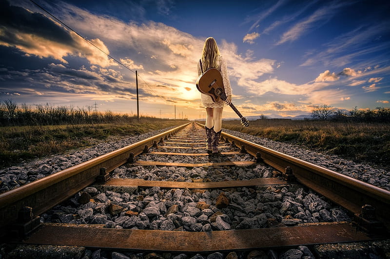 A Walk On The Tracks . ., railroad, female, models, cowgirl, sunset, fun, outdoors, women, guitar, tracks, blondes, western, style, HD wallpaper