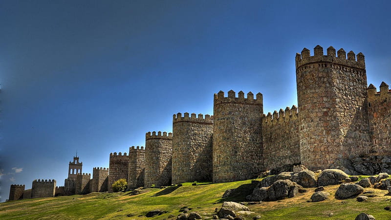 fortress in avila spain, rocks, towers, grass, fort, wall, HD wallpaper