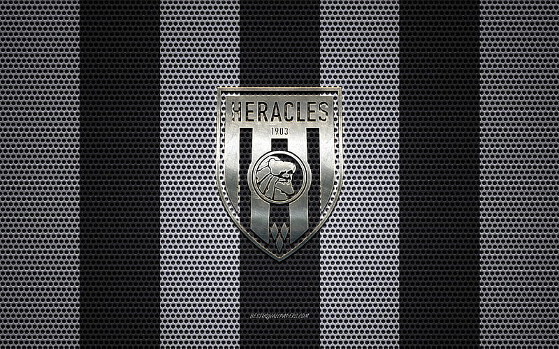 Heracles Almelo logo, Dutch football club, metal emblem, black and white metal mesh background, Heracles Almelo, Eredivisie, Almelo, Netherlands, football, HD wallpaper