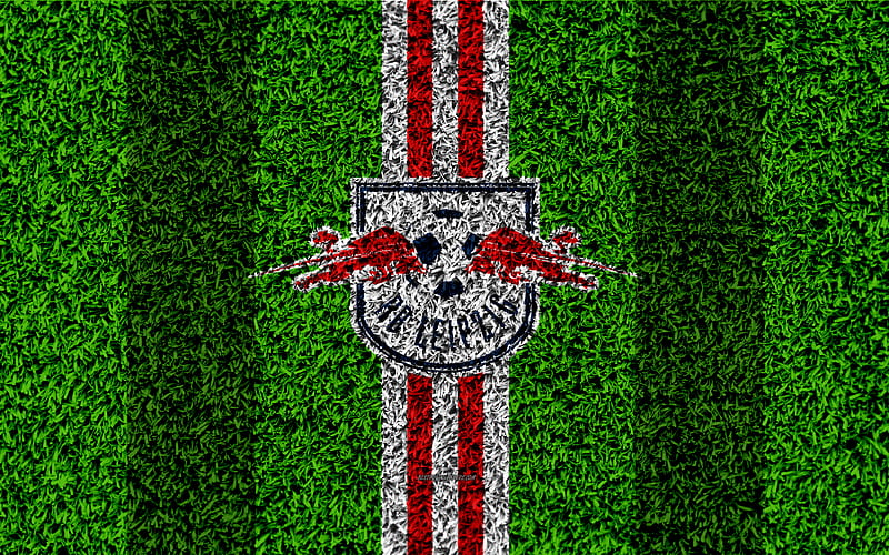 RB Leipzig German football club, football lawn, logo, red white lines, emblem, grass texture, Red Bull, Bundesliga, Leipzig, Germany, football, HD wallpaper