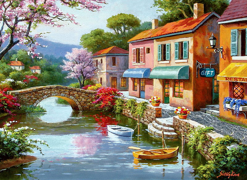Quaint Village Shops, bridge, houses, boats, painting, river, artwork, HD wallpaper