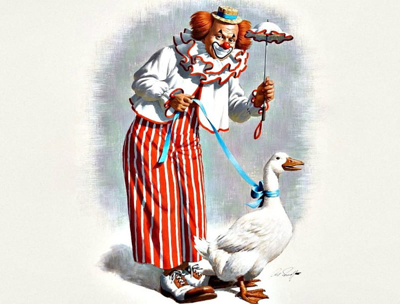 Clown with a goose by Arthur Saron Sarnoff, red, art, umbrella, man, goose, clown, bird, Arthur Saron Sarnoff, funny, white, HD wallpaper