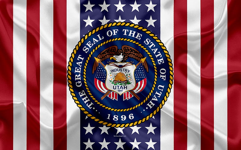 Utah, USA American state, Seal of Utah, silk texture, US states, emblem, states seal, American flag, HD wallpaper