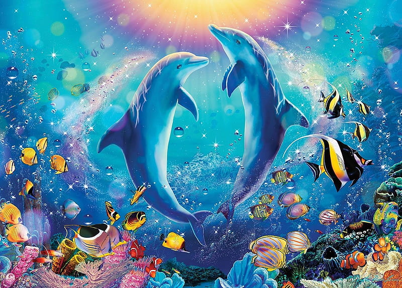 Ocean dance, dance, christian riese lassen, blue, art, luminos, fish, ocean, vara, water, dolphin, pesti, summer, HD wallpaper