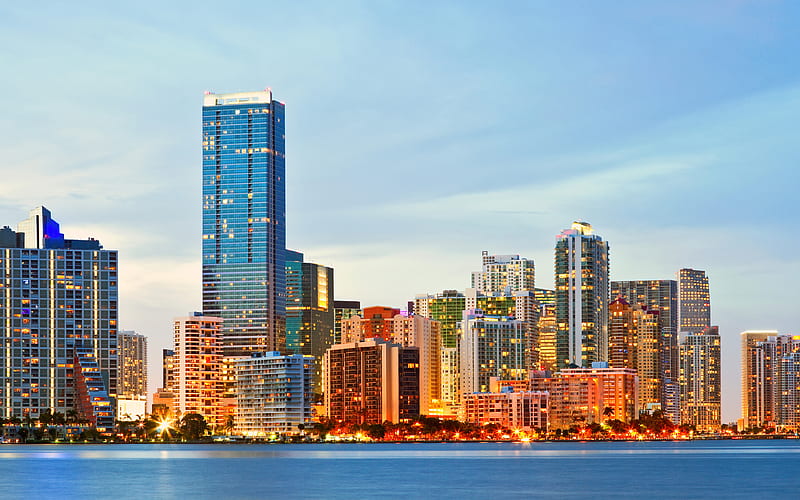 Miami cityscape, skyscrapers, sunrise, Florida, USA, HD wallpaper