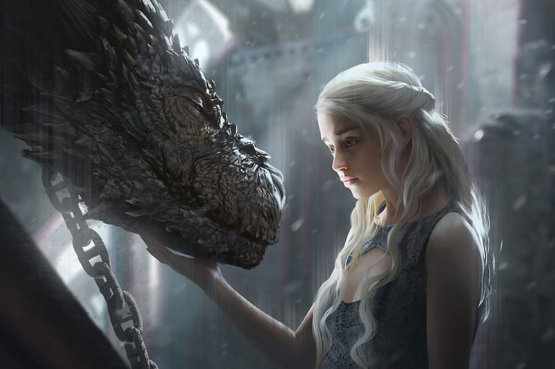Daenerys Targaryen With Dragon Artwork, game-of-thrones, daenerys-targaryen, dragon, artwork, artist, digital-art, HD wallpaper