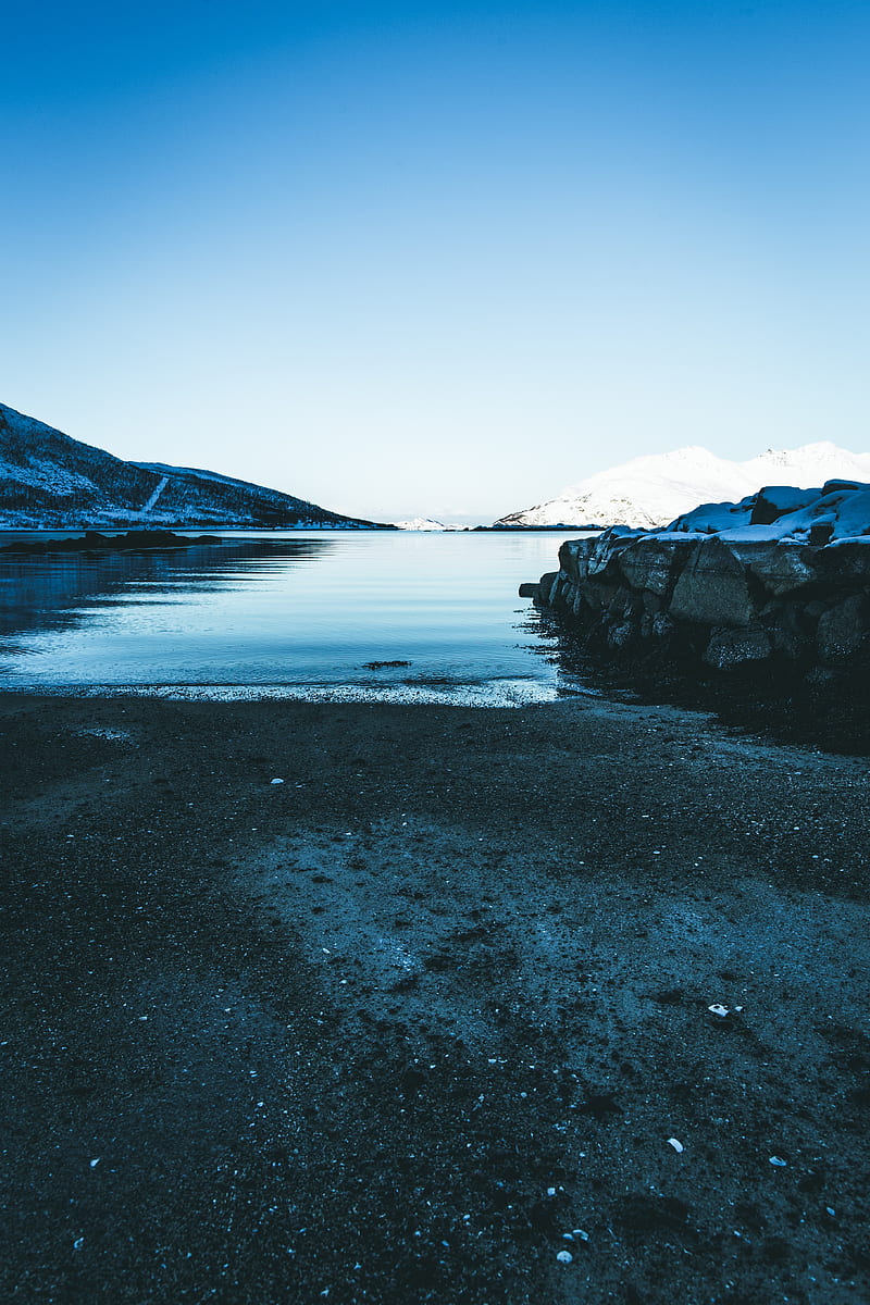 lake, snow, mountains, sky, winter, sand, shore, HD phone wallpaper