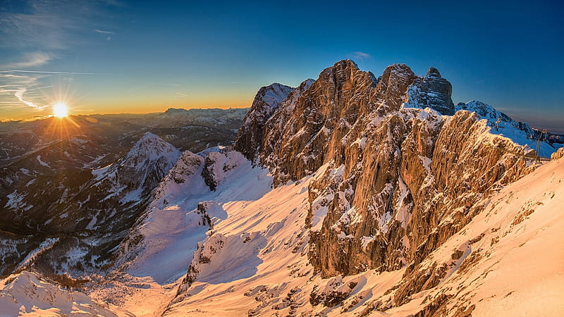 Dachstein Mountain, Austria, sunrise, sky, snow, landscape, peaks, HD wallpaper
