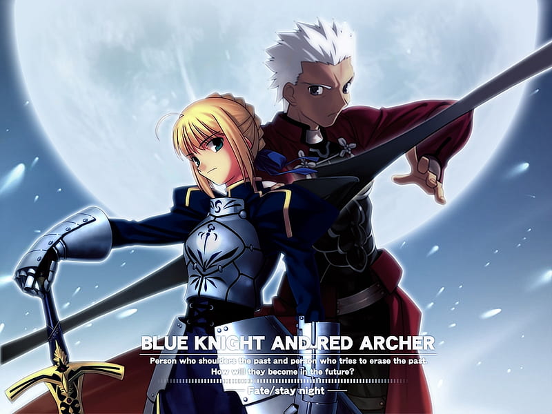 Blue Knight & Red Archer, saber, red, game, bow, arturia, fate stay night, moon, future, anime, archer, sword, blue, night, novel, emiya, past, knight, HD wallpaper