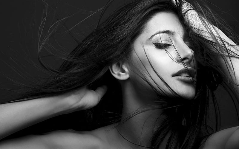 Nargis Fakhri, indian actress, beauty, Bollywood, brunette, black and white, HD wallpaper