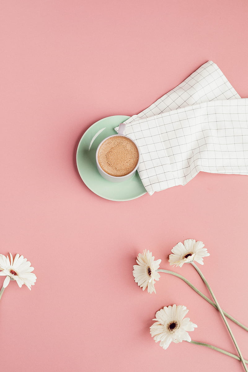 coffee, cup, flowers, pink, minimalism, HD phone wallpaper