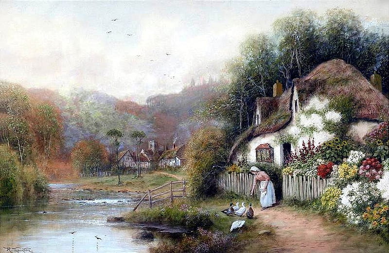 R. Thornton. A small house with a garden and a woman feeding ducks, art, duck, painting, r thornton, river, garden woman, HD wallpaper