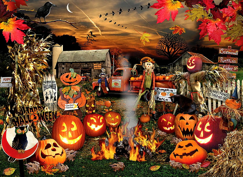 Halloween Jack-O-Lanterns F1, art, jack o lanterns, holiday, bonito, illustration, artwork, scarecrows, October, painting, wide screen, occasion, Halloween, HD wallpaper