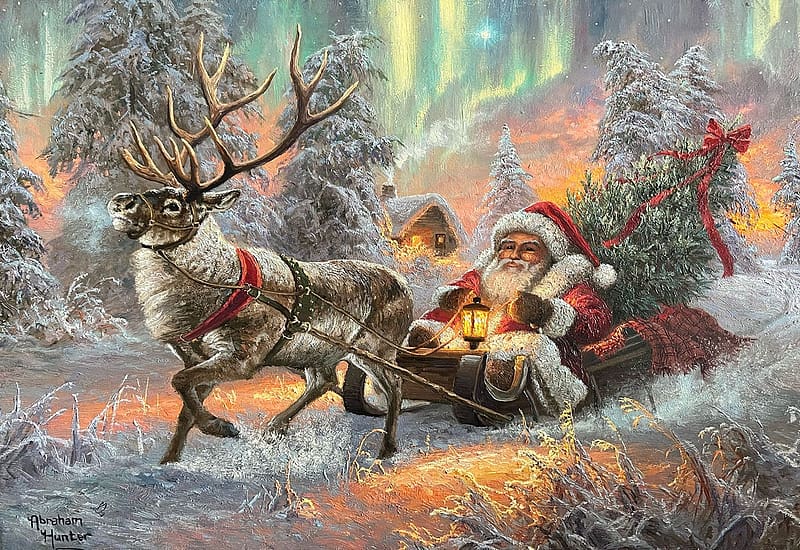 Santa Clause is Coming to Town, artwork, sleigh, painting, reindeer, snow, trees, forest, santa, HD wallpaper