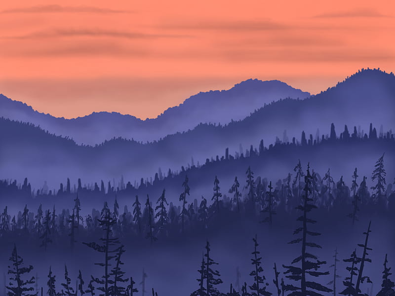 mountains, forest, fog, landscape, art, HD wallpaper