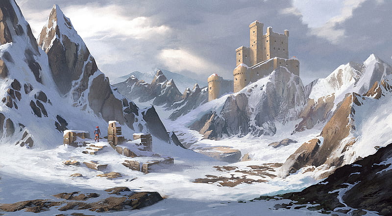 castle, mountains, snow, art, HD wallpaper