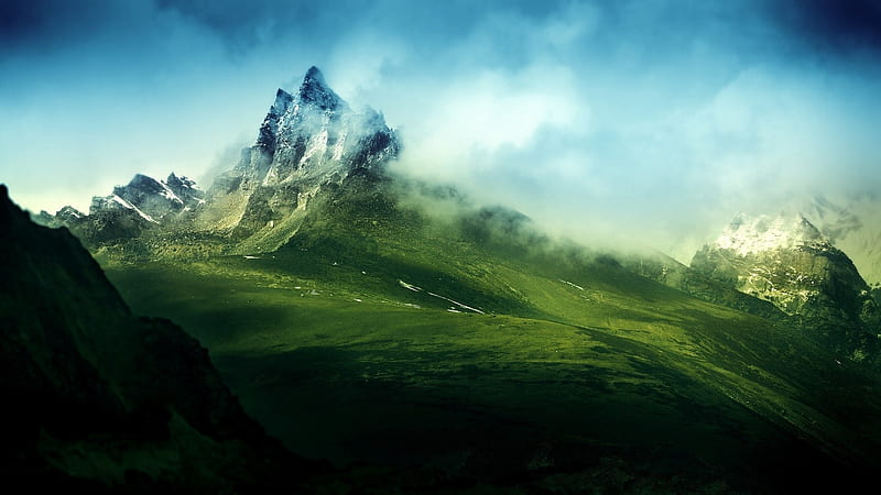mountain, field, mist, sky, Landscape, HD wallpaper