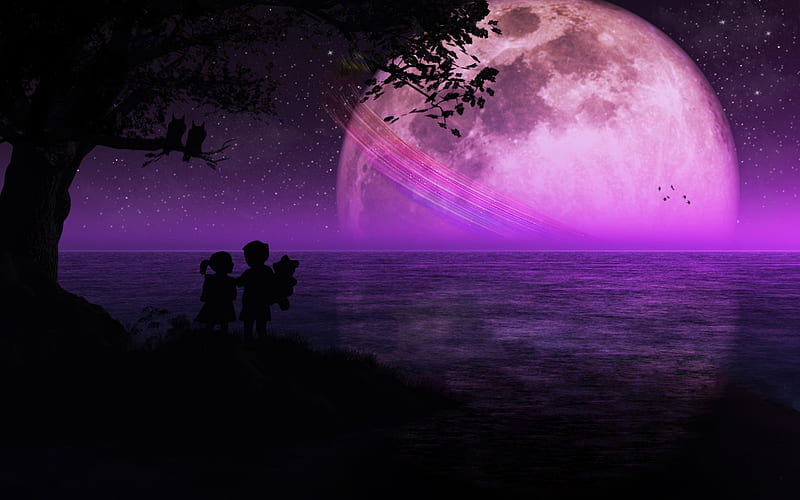 STARRY NIGHT, tree, moon, purple, ocean, children, sky, night, stars, space, rings, HD wallpaper