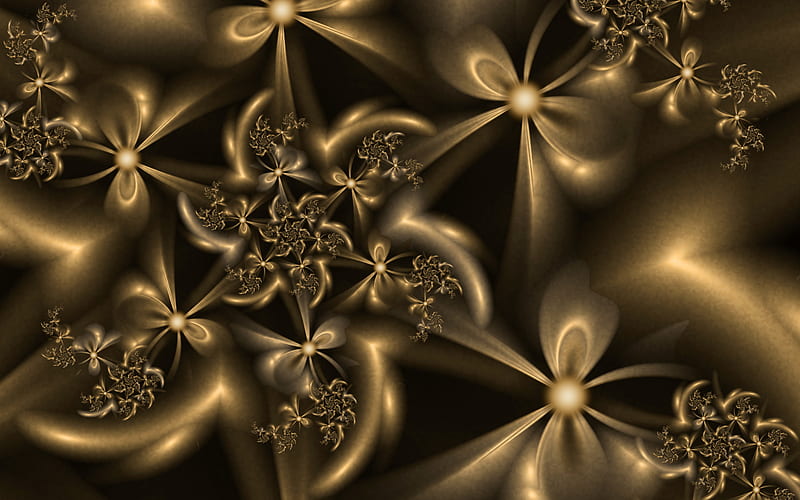 Golden Touch, metallic, gold, 3d, spiral, flowers, fractals, HD wallpaper