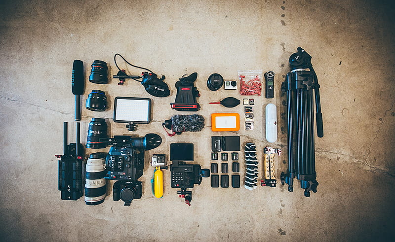 flat lay of camera gear on floor, HD wallpaper