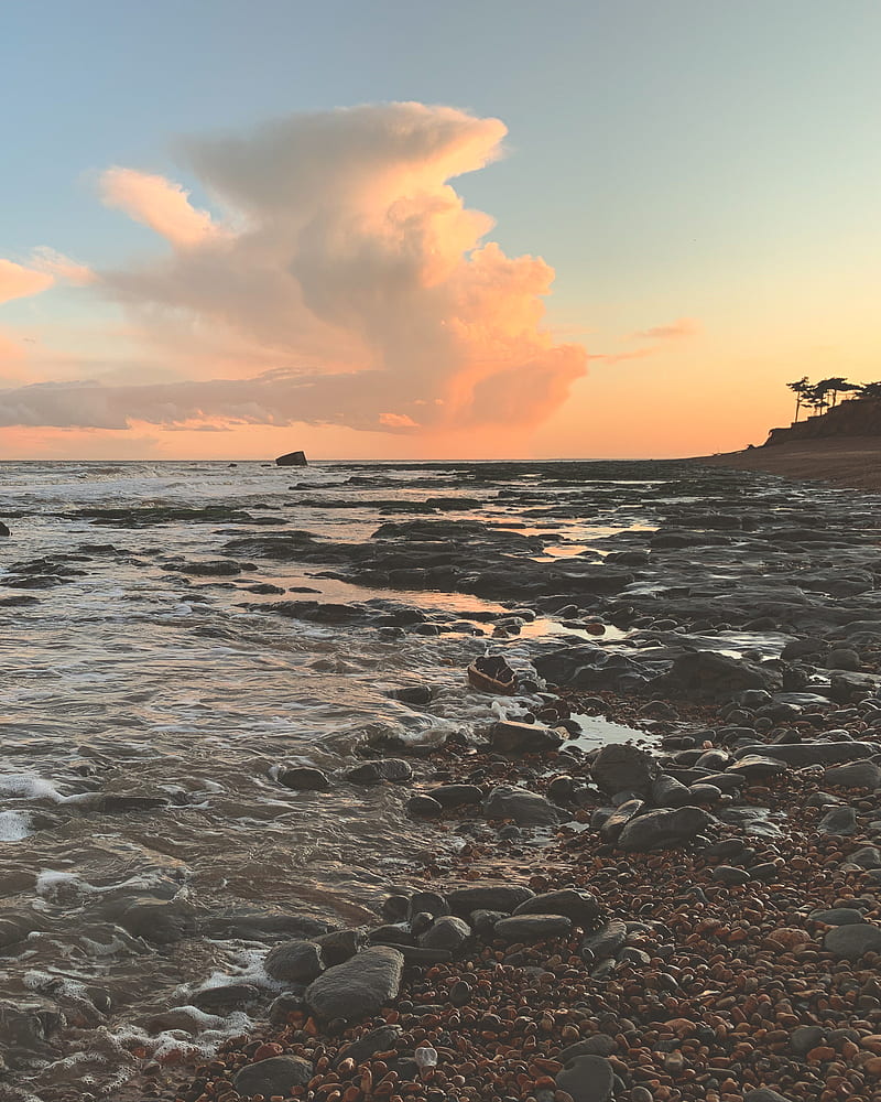coast, sea, pebbles, stones, sunset, HD phone wallpaper