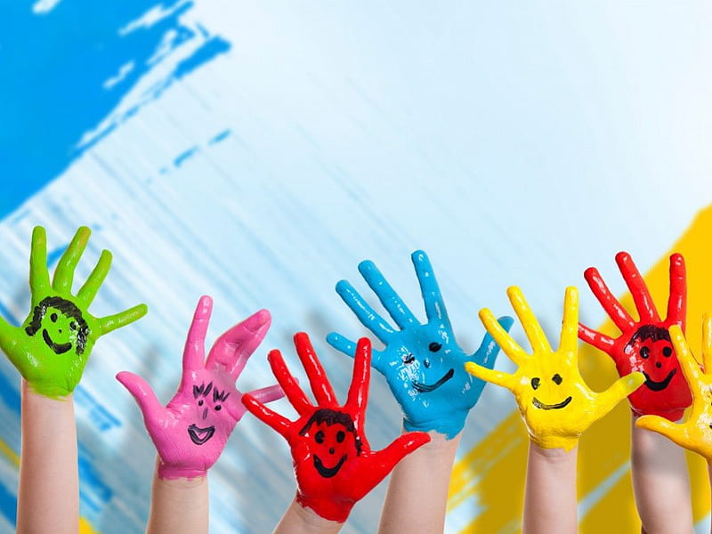 Colorful hands, hands, artistic, happy face, paint, colors, child, HD wallpaper