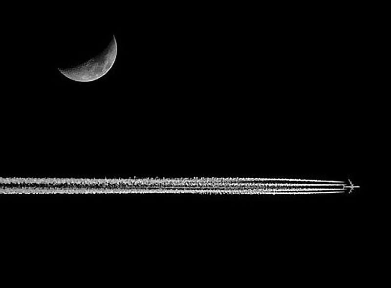 in the sky, graph, moon, airplane, black, sky, HD wallpaper