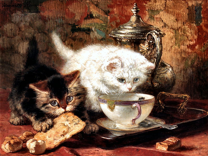 High Tea - Kittens, art, kittens, bonito, pets, illustration, artwork, animal, feline, painting, wide screen, cats, HD wallpaper