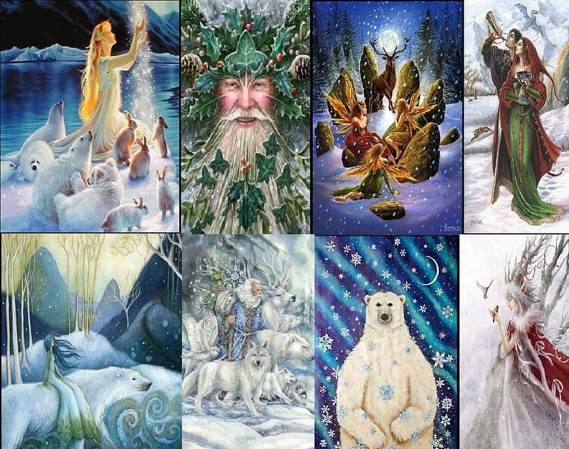 Happy Solstice, winter solstice, men, bear, fairies, women, HD wallpaper
