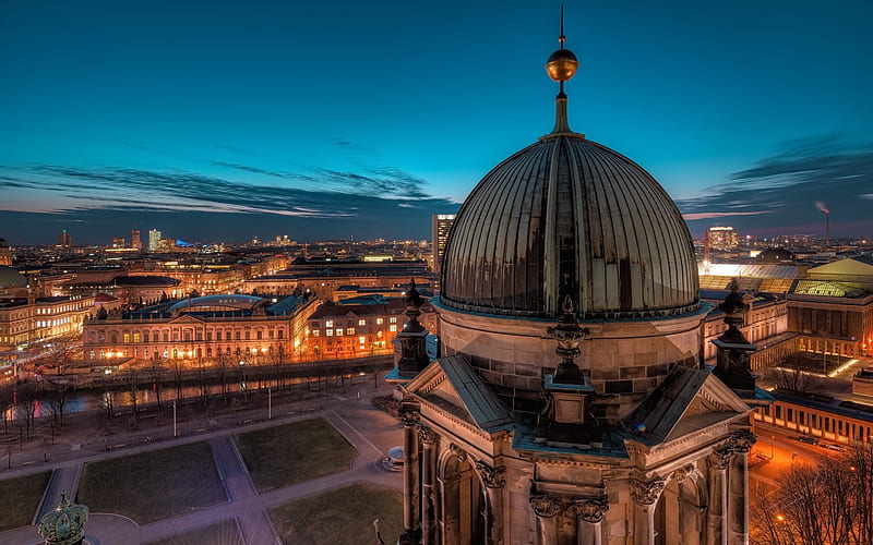Potsdamer Platz, Berlin, Germany, evening, city lights, cityscape, Berlin landmarks, HD wallpaper