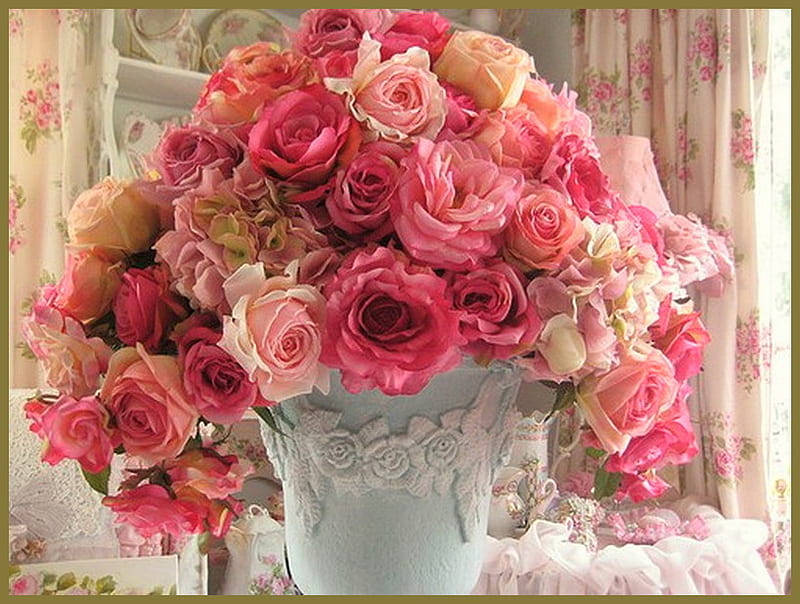Thinking of You, dedication, flowers, pinks, roses, peonies, HD wallpaper