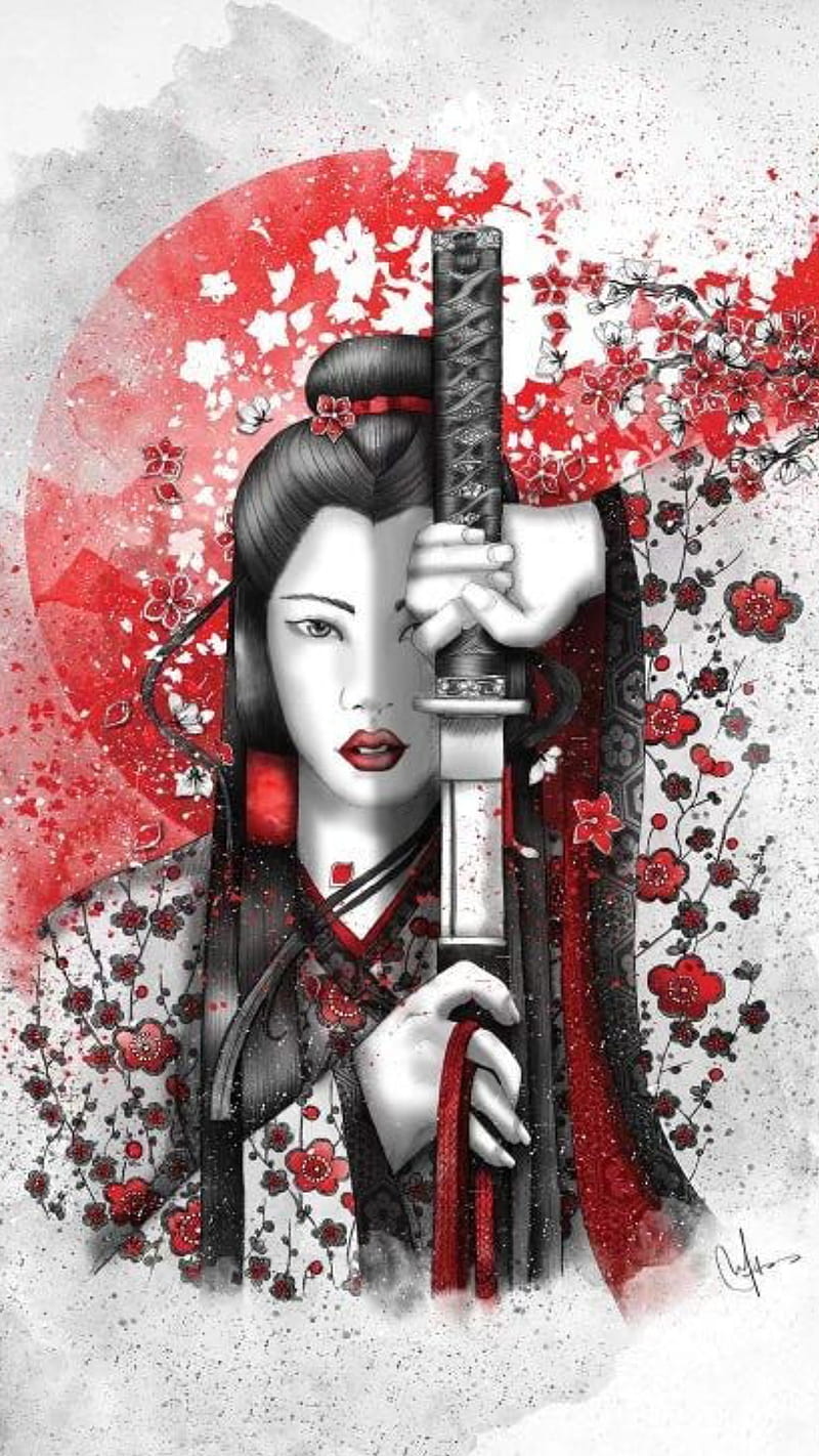 Geisha, sword, japanese, woman, japan, warrior, shogum, HD phone wallpaper