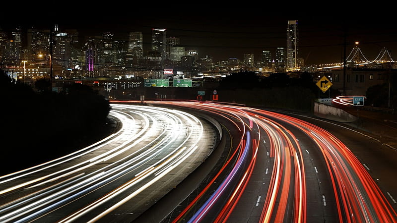 highway lights in san francisco at long exposure, highway, city, bridge, long exposure, lights, night, HD wallpaper