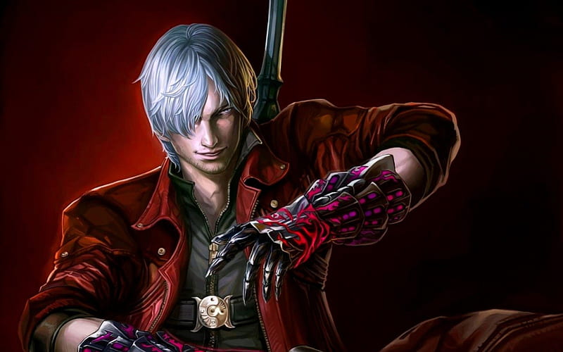 Dante, red, fighter, game, bonito, man, devil may cry, hair, bly, gloves, warrior, handsome, white, pink, sword, HD wallpaper