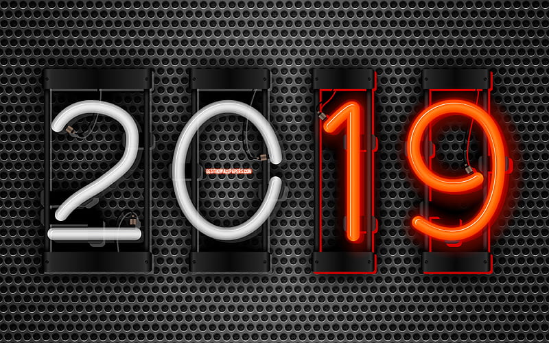 2019 year, metal grid, creative, metal background, 2019 concepts, neon digits, Happy New Year 2019, HD wallpaper