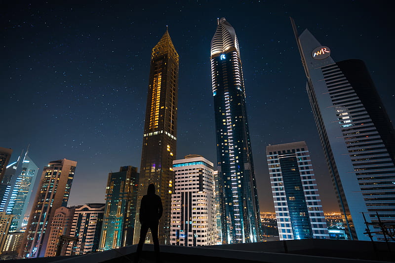 Man Standing Front Of Tall Buildings, man, buildings, graphy, HD wallpaper