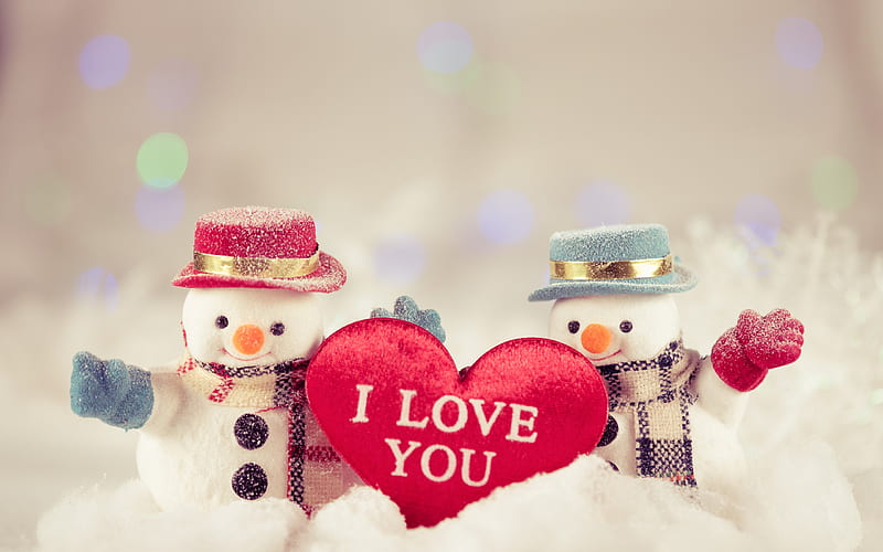 Snowmen, winter, snow, Christmas, I love you, New Year, snowman, HD wallpaper