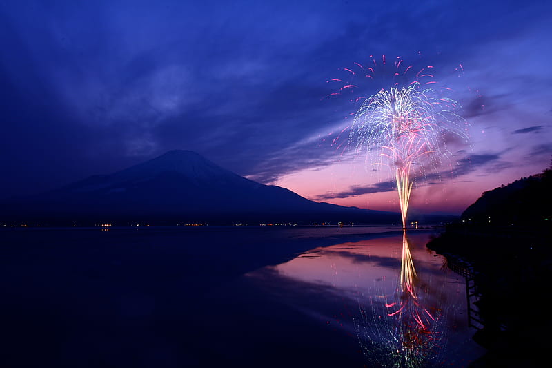 Mount Fuji Fireworks Japan , mount-fuji, mountains, nature, reflection, HD wallpaper