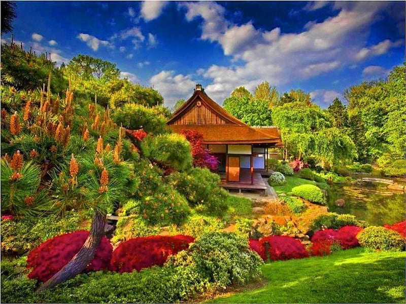Japanese Farmhouse, mountain, japan, flower, home, garden, landscape, HD wallpaper