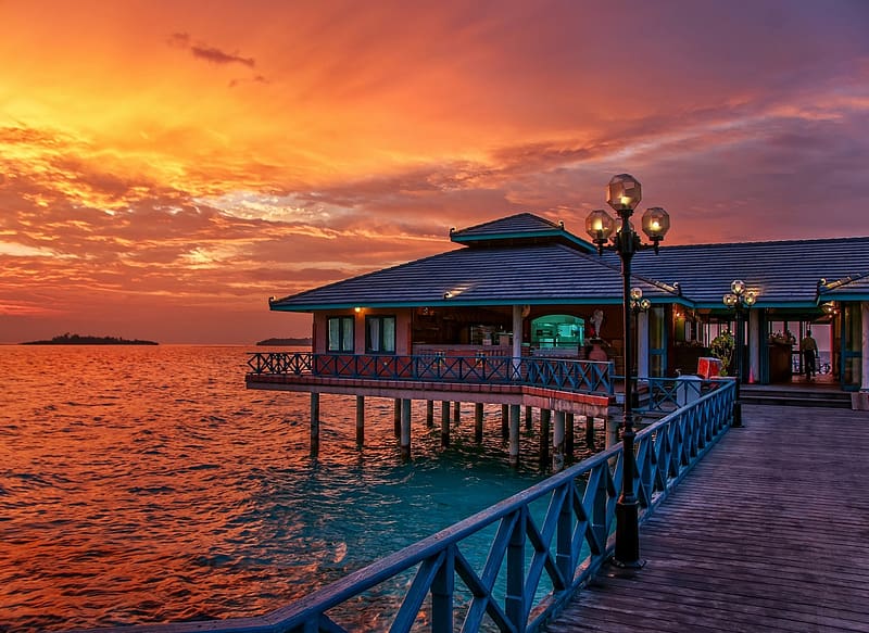 Sunset, Building, Ocean, Maldives, Restaurant, HD wallpaper