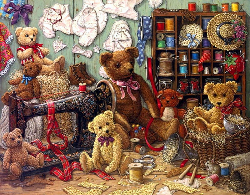 ..Teddy Bear Workshop.., sewing, pretty, draw and paint, lovely, workshops, bonito, crafts, love four season, attractions in dreams, creative pre-made, teddy bears, paintings, weird things people wear, bears, HD wallpaper