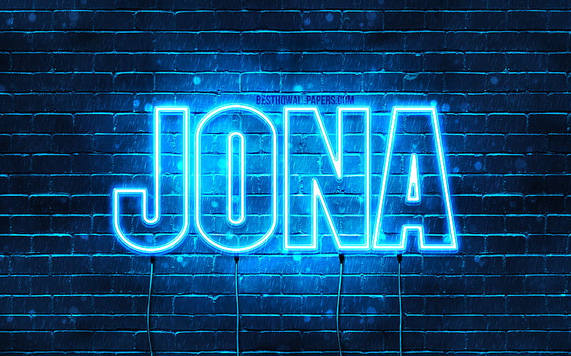 Jona with names, horizontal text, Jona name, Happy Birtay Jona, popular german male names, blue neon lights, with Jona name, HD wallpaper