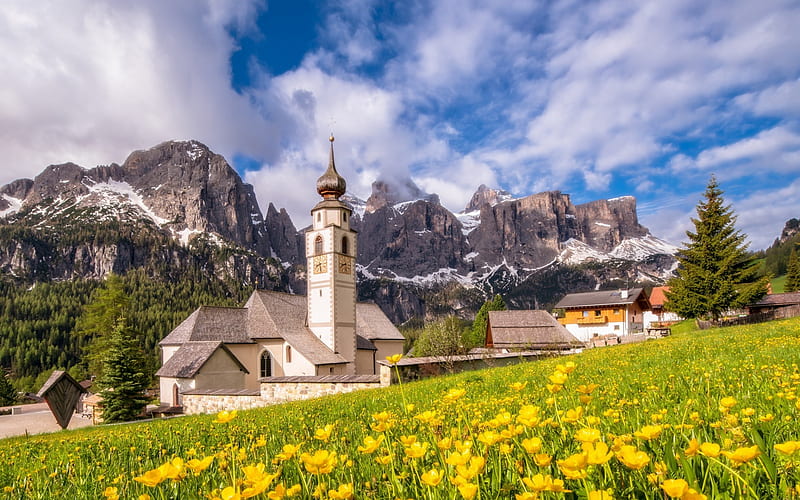 Dolomite Alps, summer, church, mountain landscape, yellow wildflowers, Italy, HD wallpaper