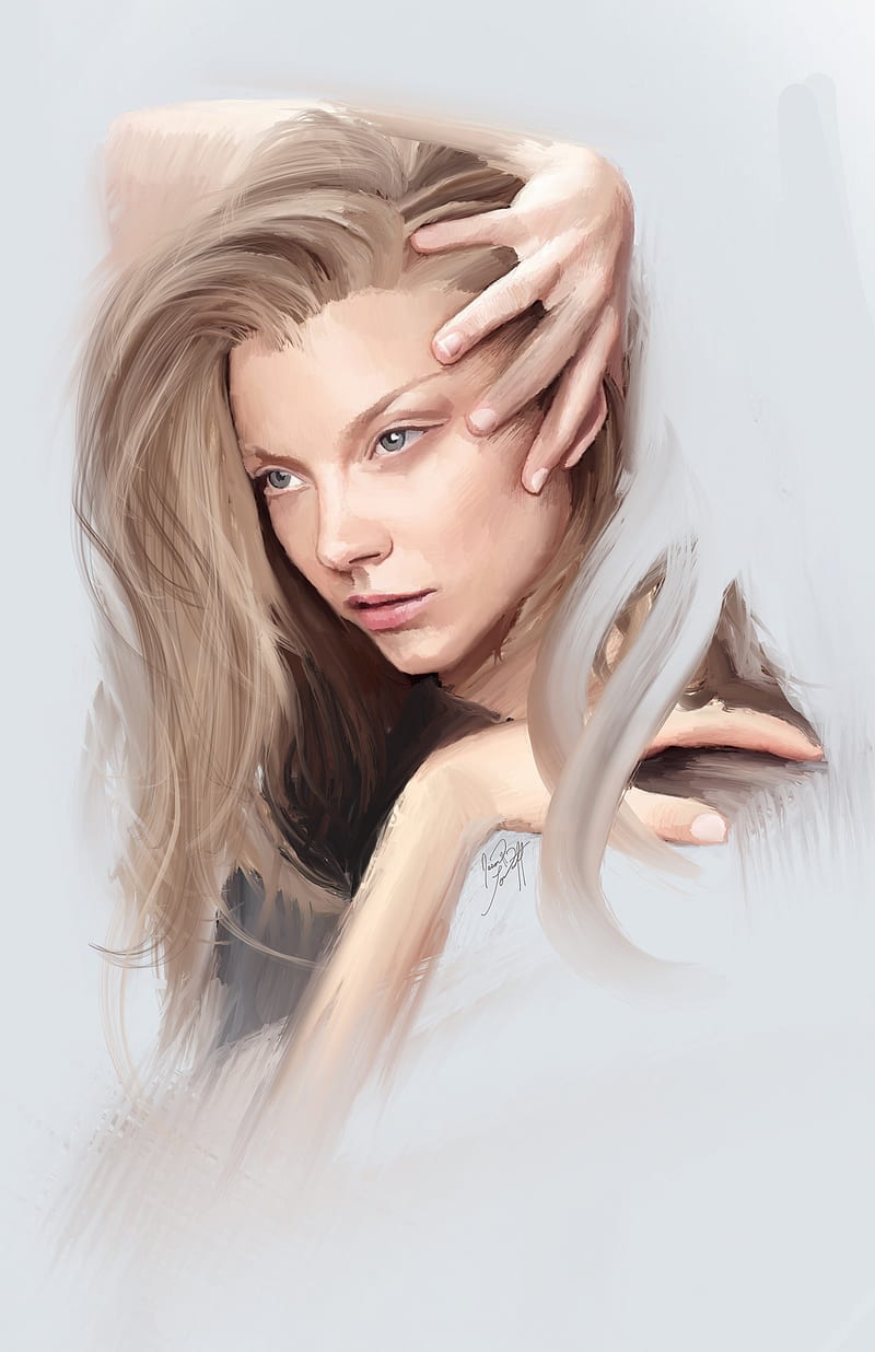 Jason Longstreet, women, digital art, looking into the distance, portrait display, portrait, looking at the side, fan art, hands, hair , artwork, hand on head, blue eyes, simple background, face, white background, eyes, closed mouth, blond hair, blonde, thick eyebrows, long hair, digital painting, arm behind head, arms, pink lipstick, celebrity, Natalie Dormer , ArtStation, HD phone wallpaper