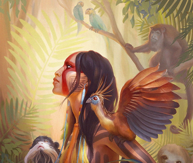 Kayapo, iga igson oliwiak, girl, bird, jungle, animal, art, maimuta, monkey, feather, HD wallpaper