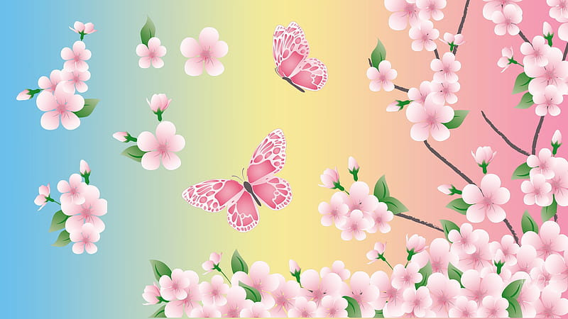 Pink Blue Yellow, pink, cherry blossoms, blue, Firefox theme, sakura, sping, butterflies, pastels, soft, gradient, green, flowers, nature, HD wallpaper
