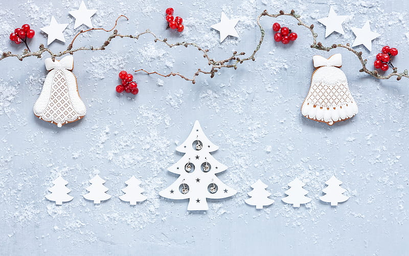 Winter christmas decoration, winter, snow, christmas cookies, Happy New Year, Christmas, White paper christmas tree, HD wallpaper