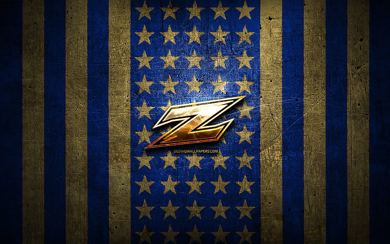 Akron Zips flag, NCAA, blue brown metal background, american football team, Akron Zips logo, USA, american football, golden logo, Akron Zips, HD wallpaper