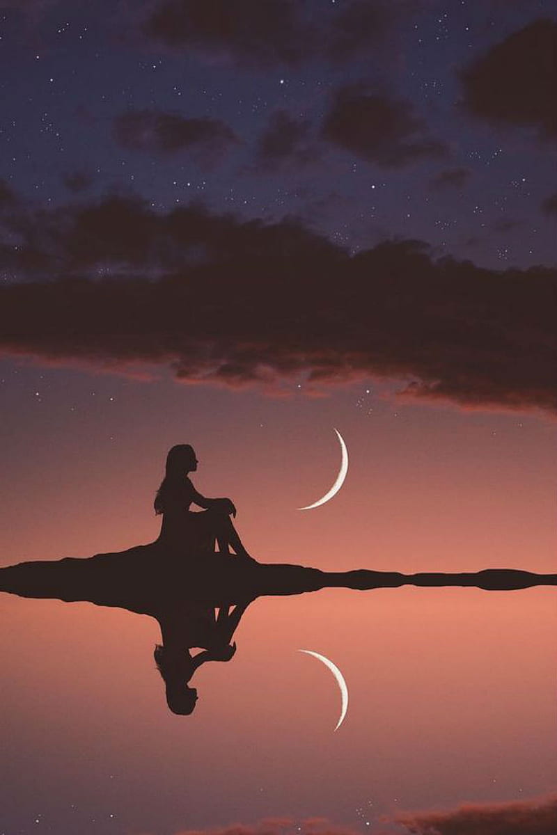 Lonely, moon, crescent, reflection, silhouette, girl, alone, thinking,  nightfall, HD phone wallpaper | Peakpx