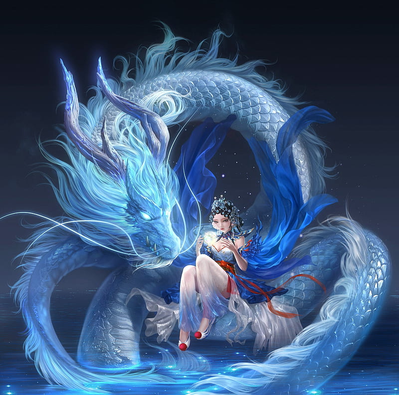 Loli and the dragon, chen shuai, cs0712, dragon, hyj, blue, frumusete, luminos, superb, fantasy, loli, gorgeous, HD wallpaper